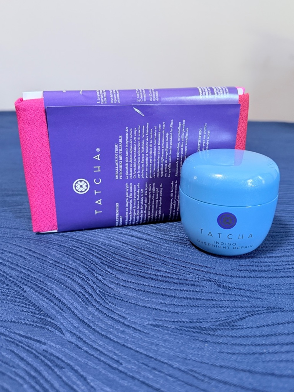 Tatcha Furoshiki Cloth (unused) & EMPTY Tatcha Indigo Overnight Repair Container
